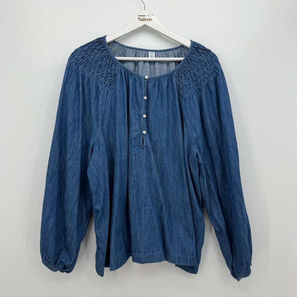 Old Navy Blue Cotton Long Sleeve Button Blouse Top Size XL Smocked Yoke
